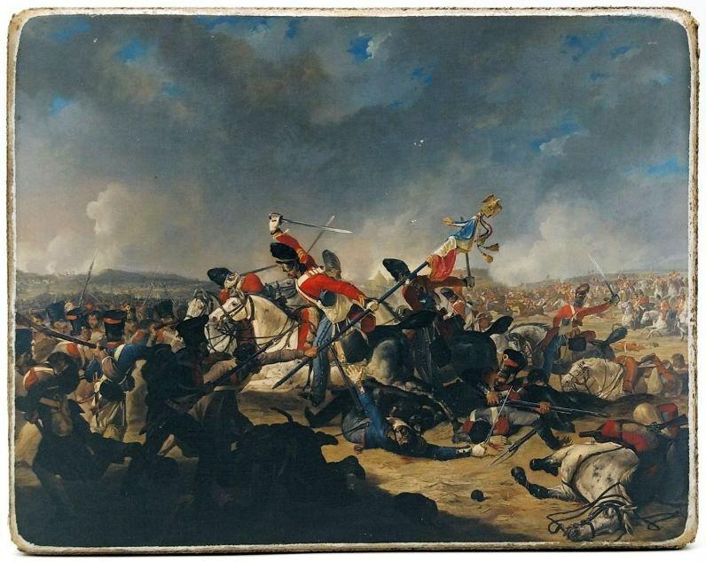 Der Angriff der Zweiten Kavalleriebrigade Waterloo 18.06.1815. Denis Dighton. 15.0 x 12.0 x 1.0 cm. 523506